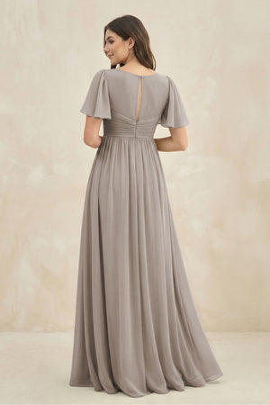 Frost Short Sleeve Chiffon V-Neck A-Line Bridesmaid Dress (2) | KISSBRIDAL