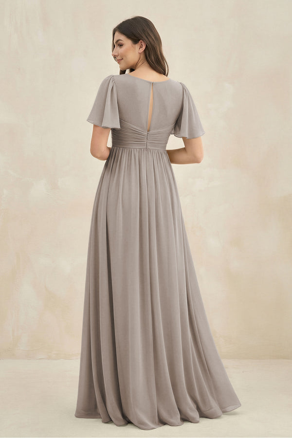 Frost Short Sleeve Chiffon V-Neck A-Line Bridesmaid Dress (2) | KISSBRIDAL