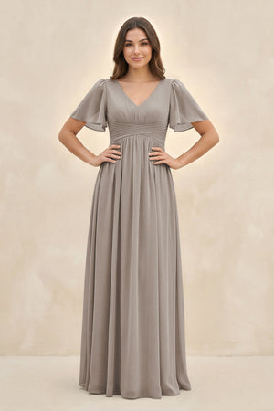Frost Short Sleeve Chiffon V-Neck A-Line Bridesmaid Dress | KISSBRIDAL