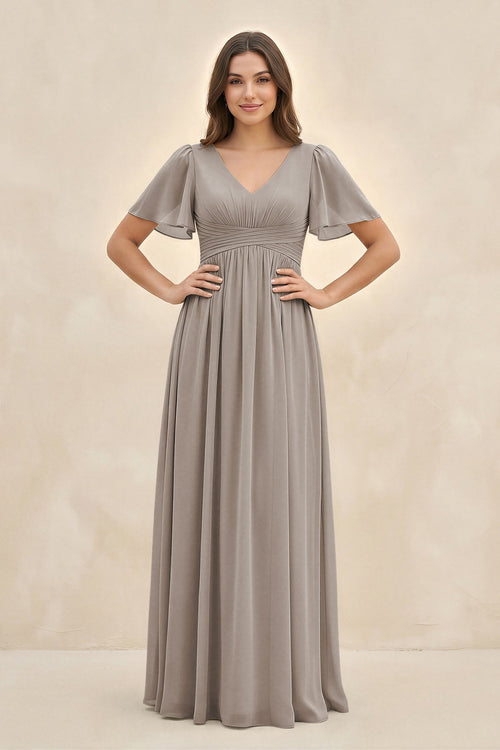 Frost Short Sleeve Chiffon V-Neck A-Line Bridesmaid Dress | KISSBRIDAL