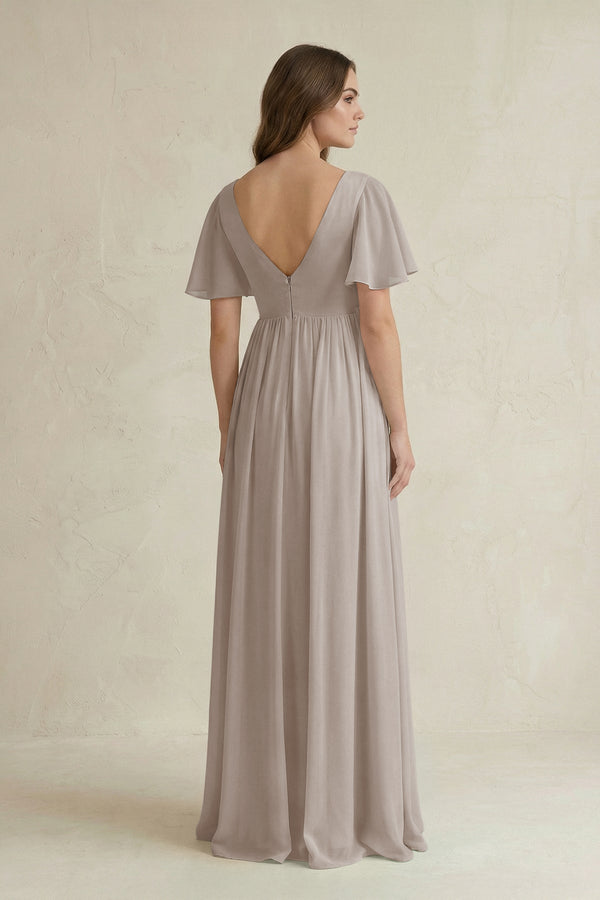 Frost Short Sleeve V-Neck A-Line Chiffon Bridesmaid Dress (2) | KISSBRIDAL