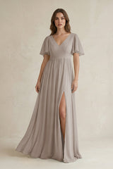 Frost Short Sleeve V-Neck A-Line Chiffon Bridesmaid Dress | KISSBRIDAL