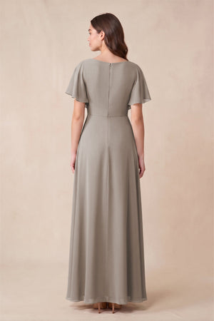 Frost Short Sleeves Bateau A-Line Chiffon Bridesmaid Dress (2) | KISSBRIDAL