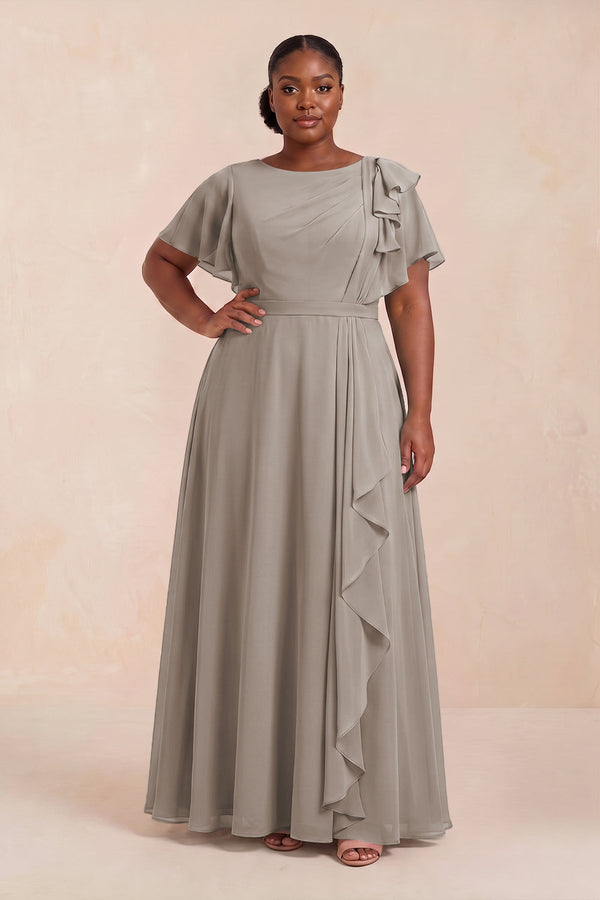 Frost Short Sleeves Bateau A-Line Chiffon Bridesmaid Dress (3) [sizeplus] | KISSBRIDAL