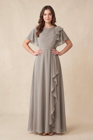 Frost Short Sleeves Bateau A-Line Chiffon Bridesmaid Dress | KISSBRIDAL