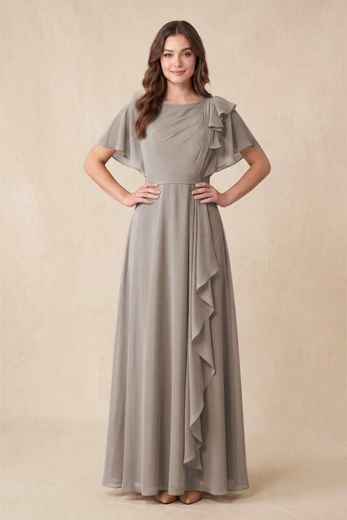 Frost Short Sleeves Bateau A-Line Chiffon Bridesmaid Dress | KISSBRIDAL