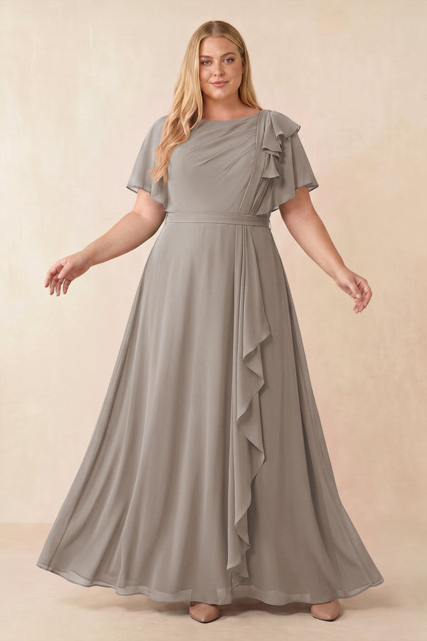 Frost Short Sleeves Bateau A-Line Chiffon Bridesmaid Dress [sizeplus] | KISSBRIDAL