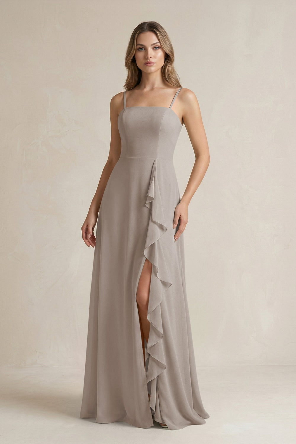 Spaghetti Strap Ruffled A-Line Chiffon Bridesmaid Dress in Frost