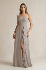 Frost Spaghetti Strap Ruffled A-Line Chiffon Bridesmaid Dress | KISSBRIDAL