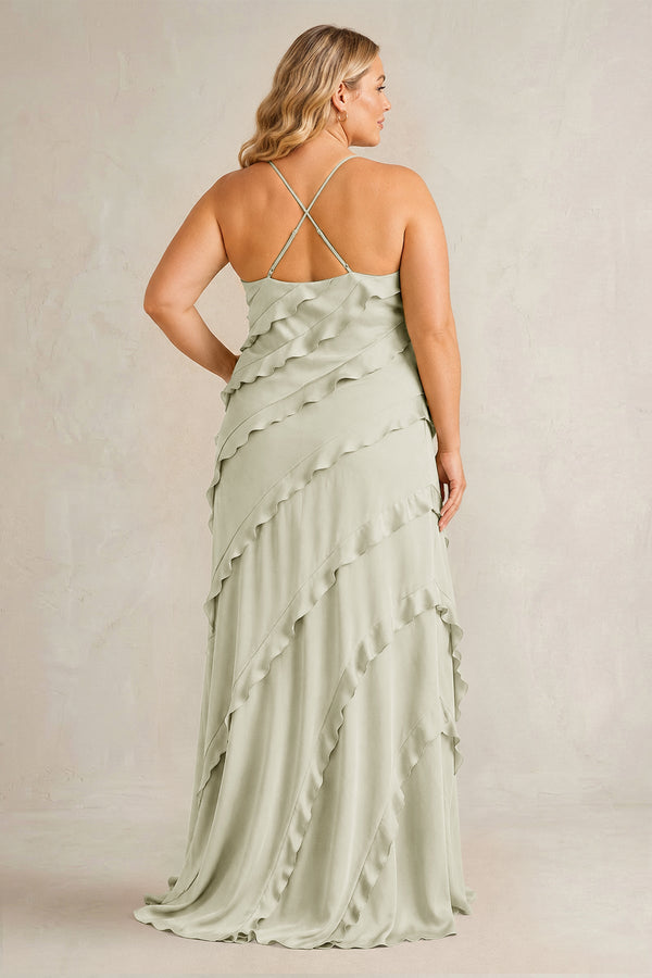 Frost Spaghetti Straps Sheath Stain Ruffled Bridesmaid Dress (2) | KISSBRIDAL[sizeplus]