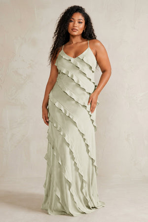 Frost Spaghetti Straps Sheath Stain Ruffled Bridesmaid Dress (3) | KISSBRIDAL[sizeplus]