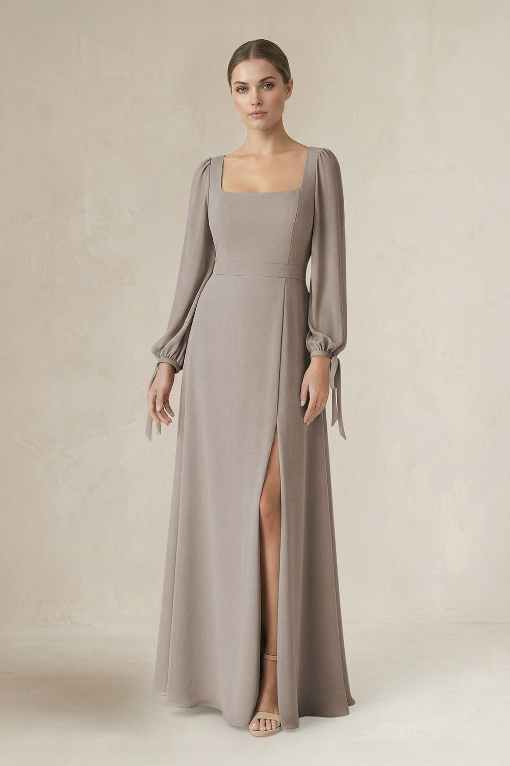 Square Neck Long Sleeve A-Line Chiffon Bridesmaid Dress in Frost