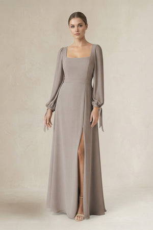 Frost Square Neck Long Sleeve A-Line Chiffon Bridesmaid Dress in Frost | KISSBRIDAL