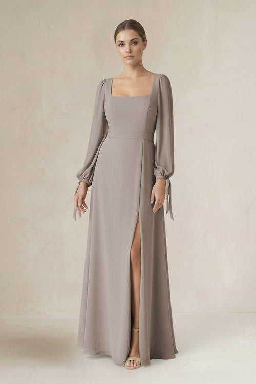 Frost Square Neck Long Sleeve A-Line Chiffon Bridesmaid Dress in Frost | KISSBRIDAL