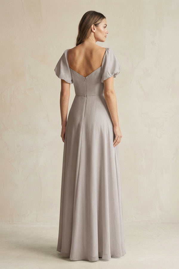 Frost Sweetheart Puff Sleeve A-Line Chiffon Bridesmaid Dress (2) | KISSBRIDAL