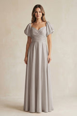 Frost Sweetheart Puff Sleeve A-Line Chiffon Bridesmaid Dress | KISSBRIDAL