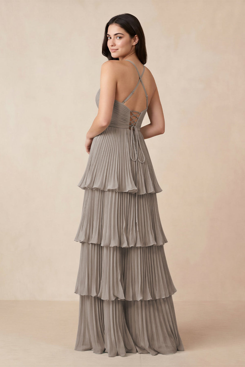 Tiered Pleated V-Neck A-Line Chiffon Bridesmaid Dress in Frost