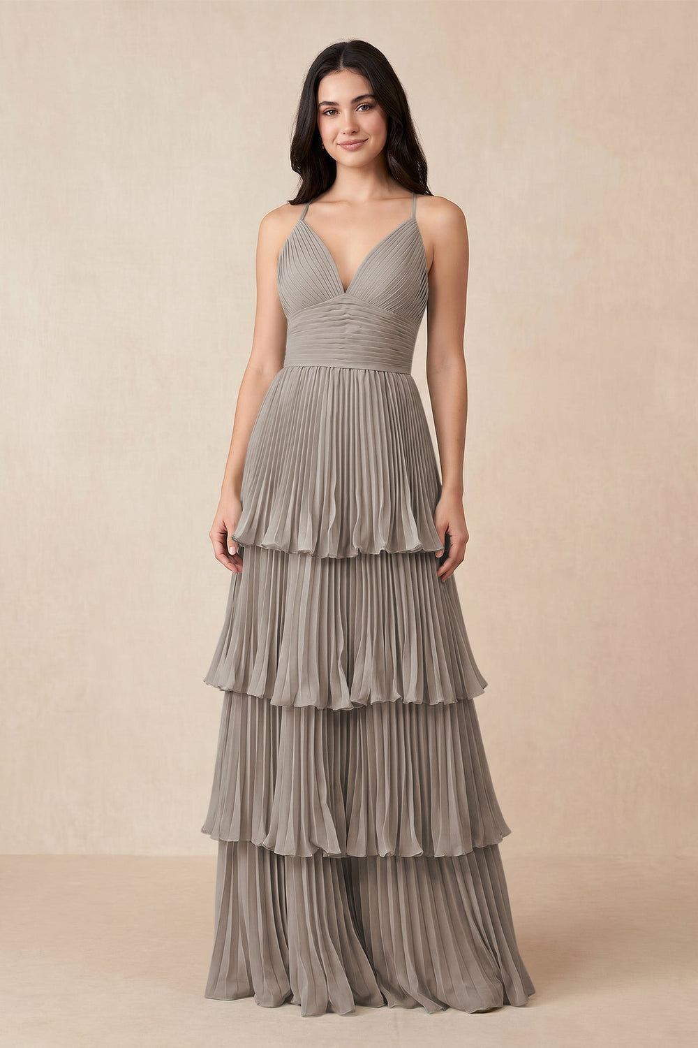 Tiered Pleated V-Neck A-Line Chiffon Bridesmaid Dress in Frost