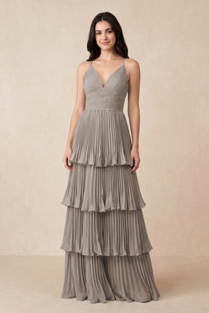 Frost Tiered Pleated V-Neck A-Line Chiffon Bridesmaid Dress | KISSBRIDAL