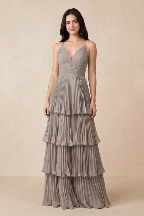 Frost Tiered Pleated V-Neck A-Line Chiffon Bridesmaid Dress | KISSBRIDAL