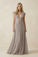 Frost V-Neck A-Line Chiffon Cap Sleeves Bridesmaid Dress | KISSBRIDAL