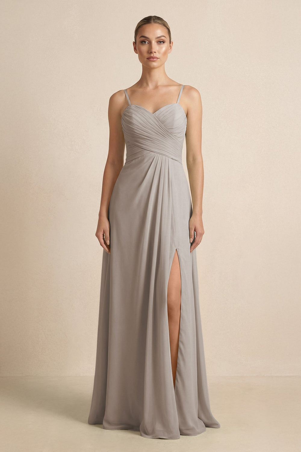 V-Neck A-Line Chiffon Pleated Bridesmaid Dress in Frost