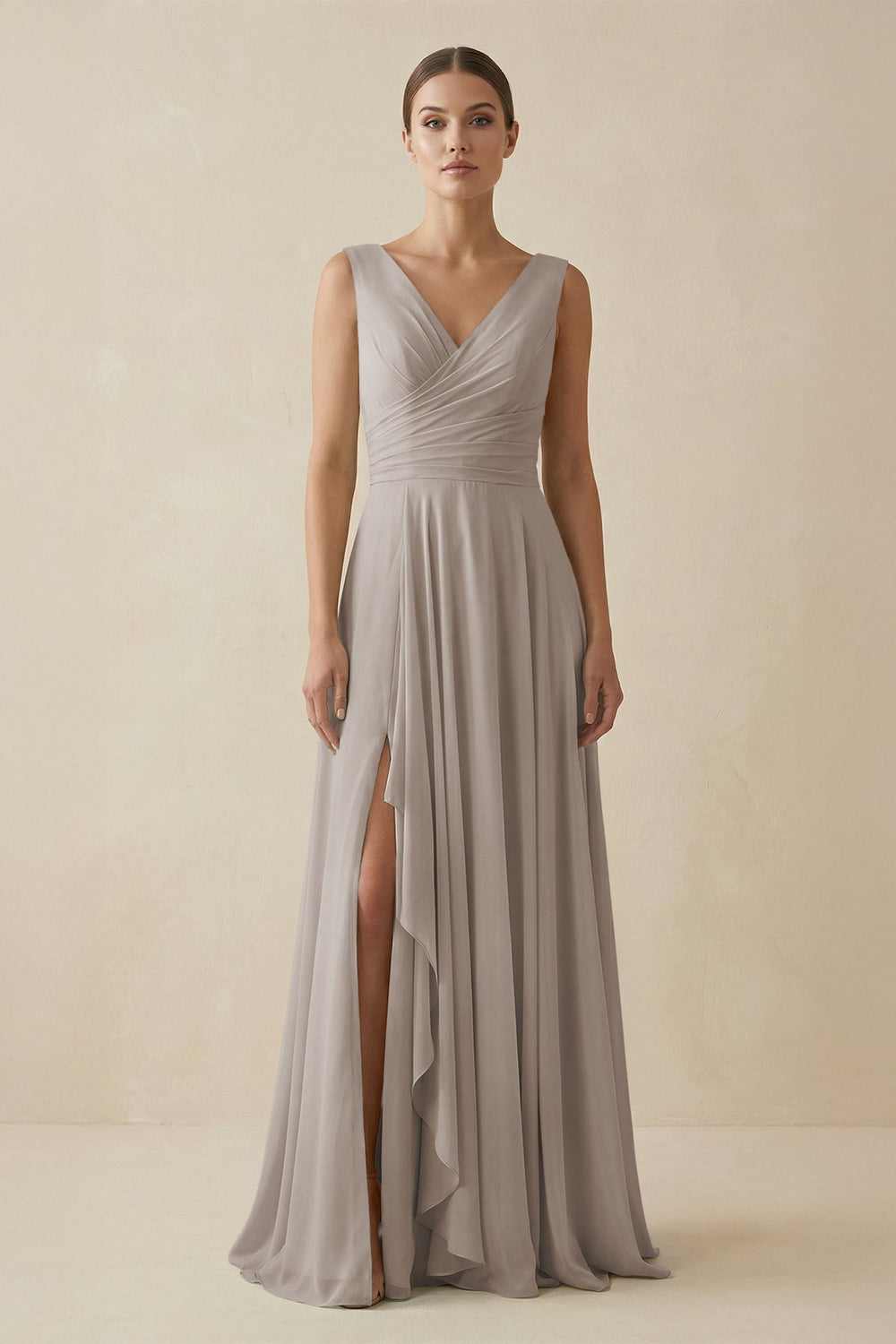 V-Neck A-Line Chiffon Ruffled Bridesmaid Dress in Frost