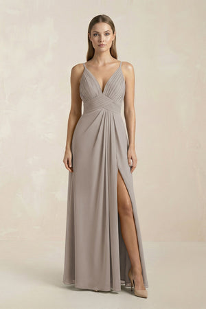 Frost V-Neck A-Line Pleated Chiffon Bridesmaid Dress | KISSBRIDAL