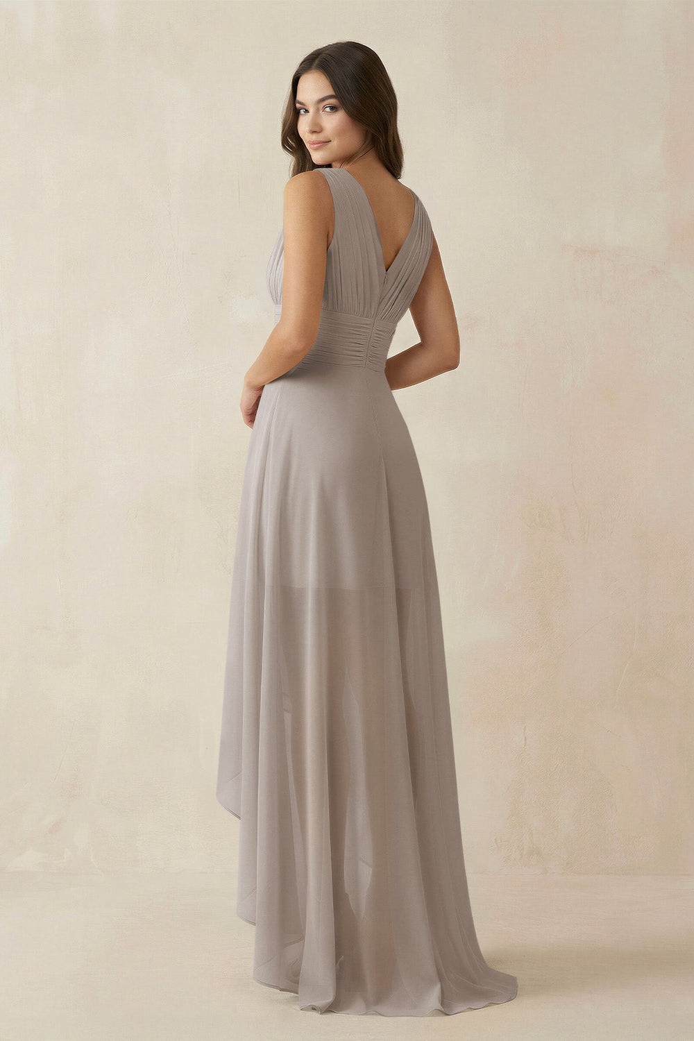 V-Neck High-Low Chiffon Bridesmaid Dress in Frost
