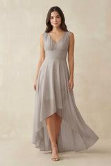 Frost V-Neck High-Low Chiffon Bridesmaid Dress | KISSBRIDAL