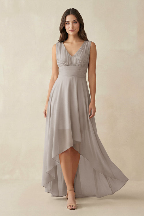 Frost V-Neck High-Low Chiffon Bridesmaid Dress | KISSBRIDAL