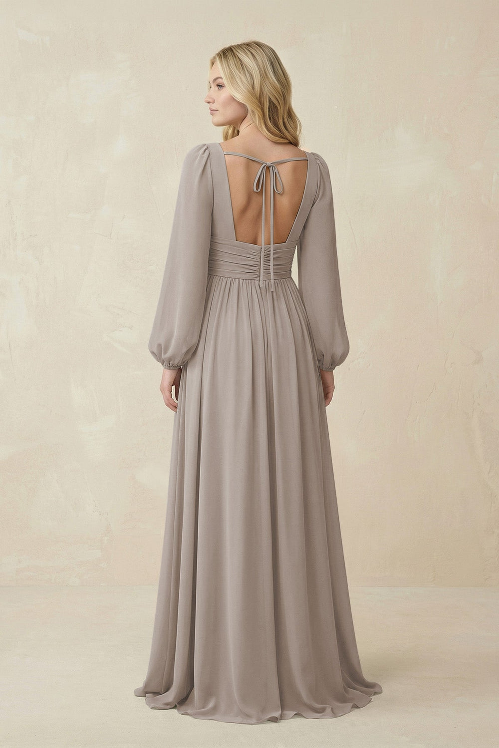 V-Neck Long Sleeve A-Line Chiffon Bridesmaid Dress in Frost