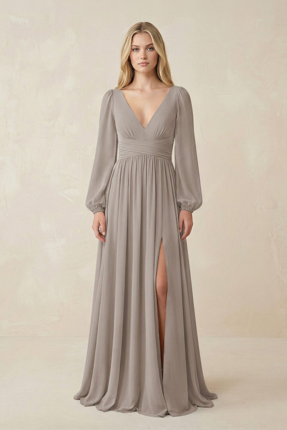 V-Neck Long Sleeve A-Line Chiffon Bridesmaid Dress in Frost