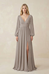Frost V-Neck Long Sleeve A-Line Chiffon Bridesmaid Dress | KISSBRIDAL