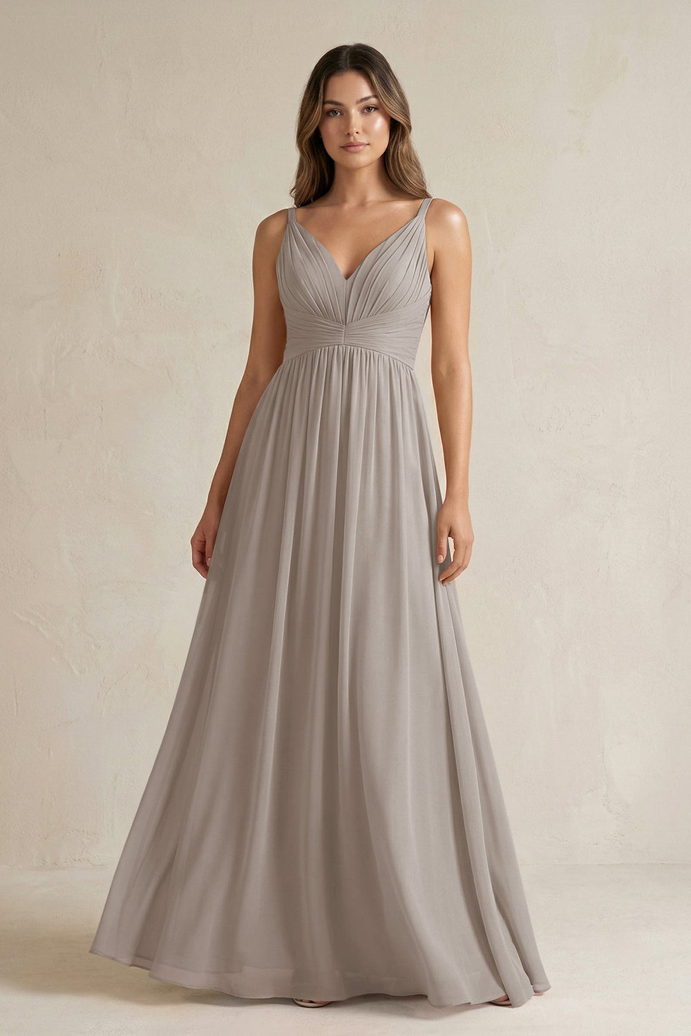 V-Neck Pleated A-Line Chiffon Bridesmaid Dress in Frost