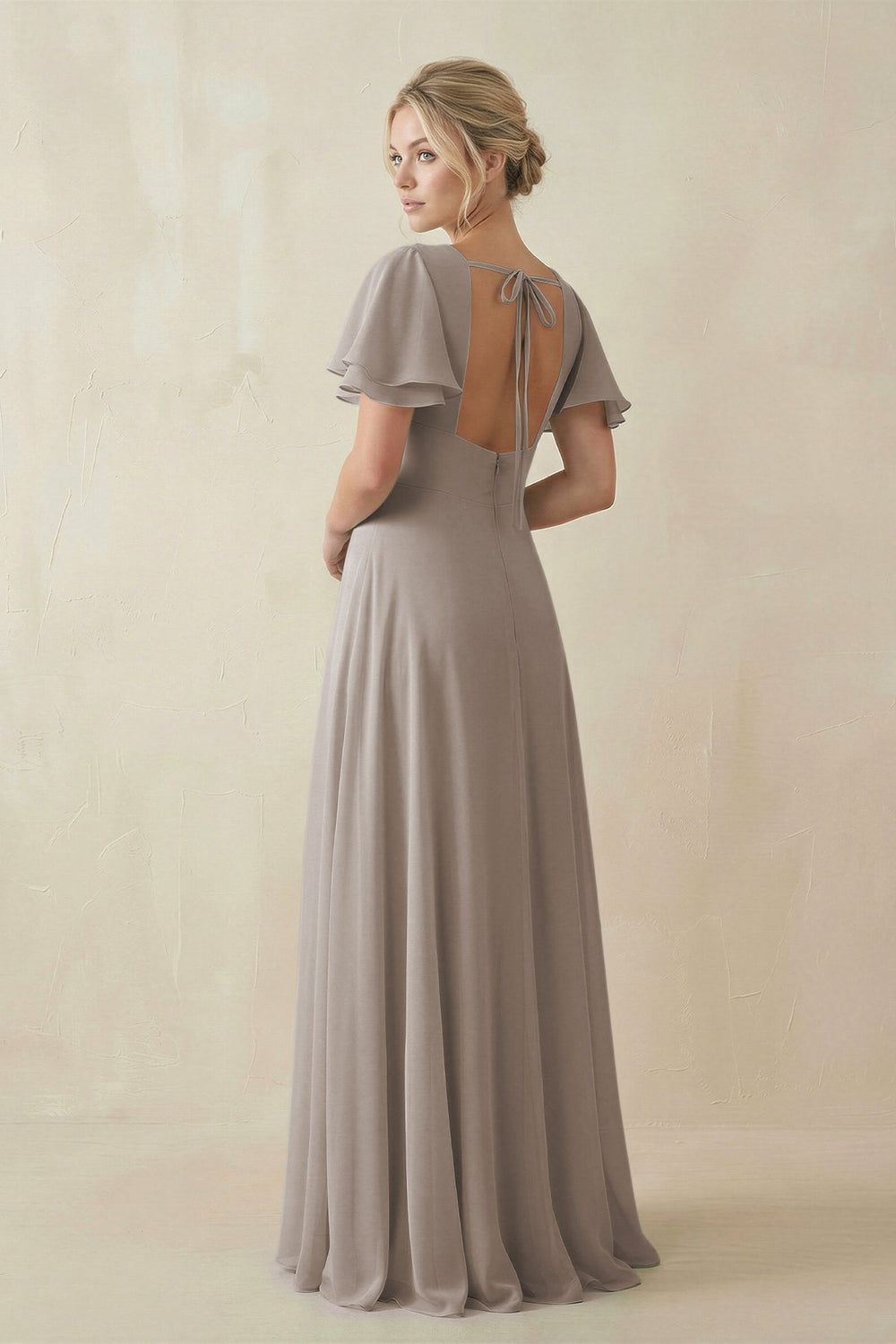 V-Neck Ruffled Short Sleeves A-Line Bridesmaid Dress in Frost