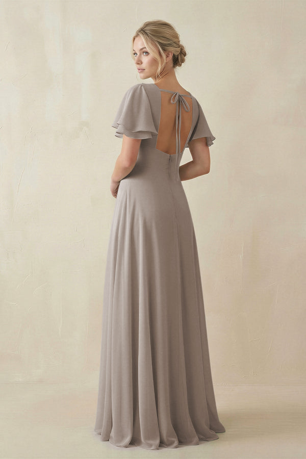 Frost V-Neck Ruffled Short Sleeves A-Line Bridesmaid Dress (2) | KISSBRIDAL