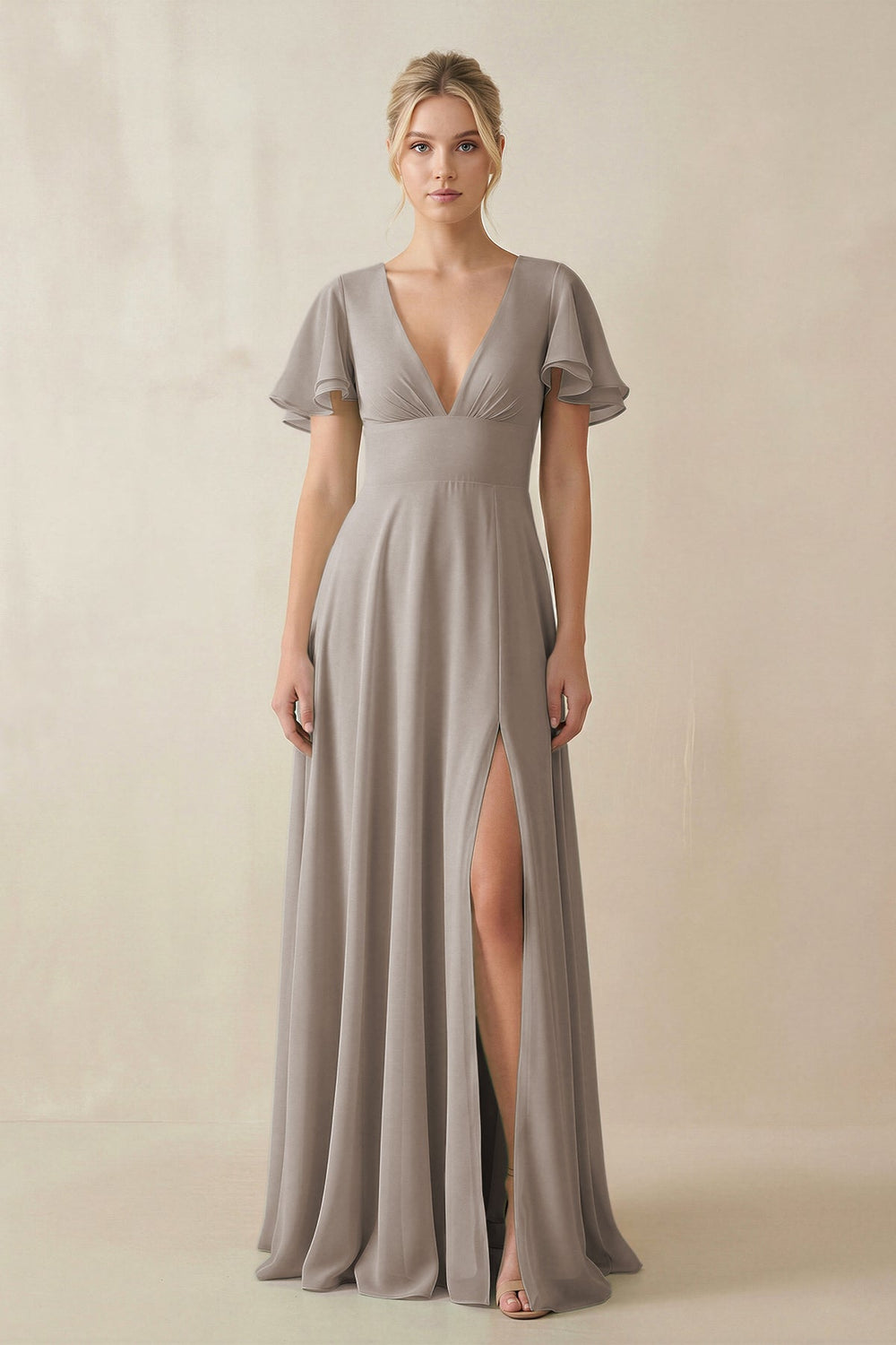 V-Neck Ruffled Short Sleeves A-Line Bridesmaid Dress in Frost