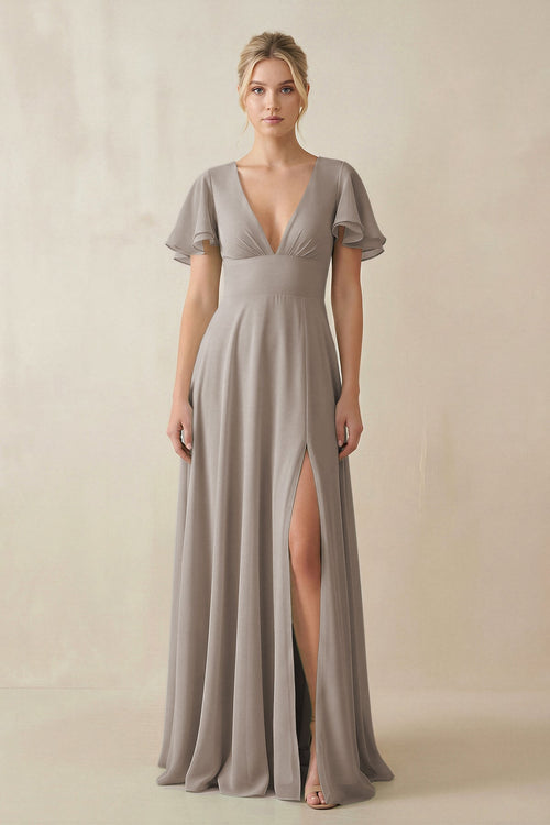 Frost V-Neck Ruffled Short Sleeves A-Line Bridesmaid Dress | KISSBRIDAL