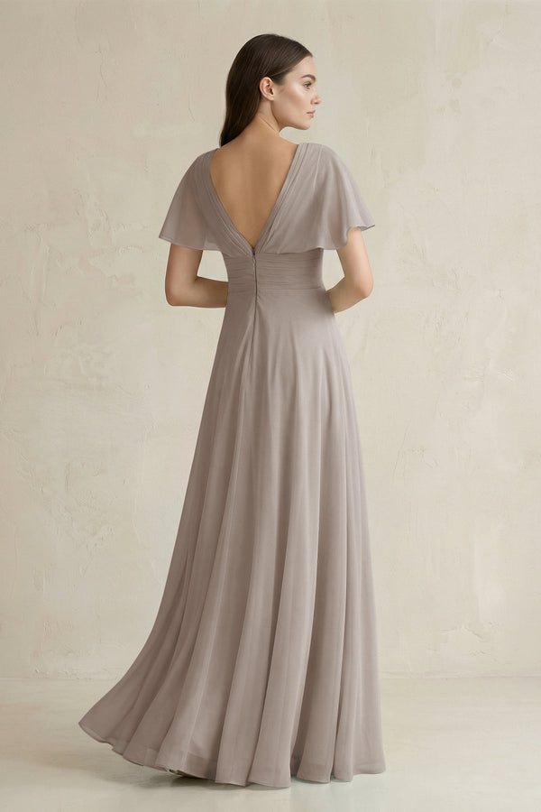 Frost V-Neck Ruffled Sleeve A-Line Chiffon Bridesmaid Dress (2) | KISSBRIDAL