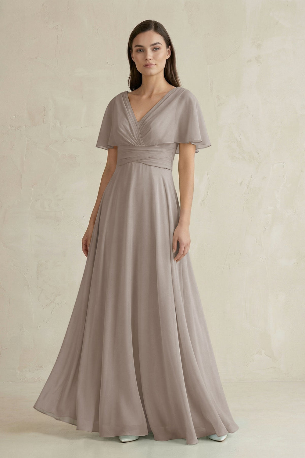 V-Neck Ruffled Sleeve A-Line Chiffon Bridesmaid Dress in Frost