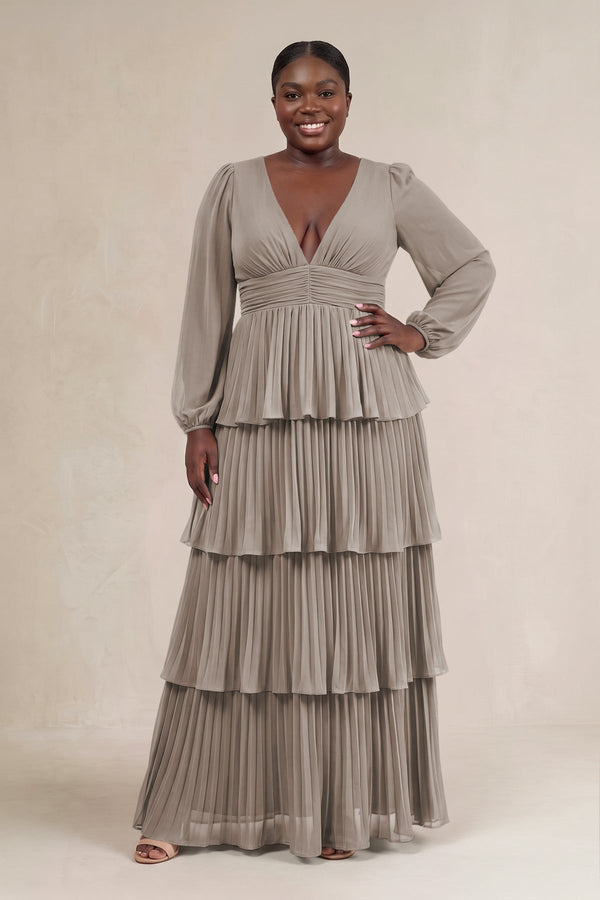 Frost V-Neck Tiered A-Line Long Sleeve Bridesmaid Dress [sizeplus] | KISSBRIDAL