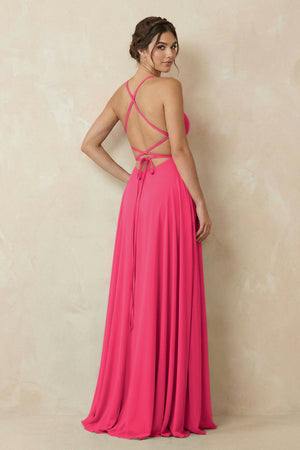 Fuchsia A-Line Chiffon Bridesmaid Dress With Slit (2) | KISSBRIDAL