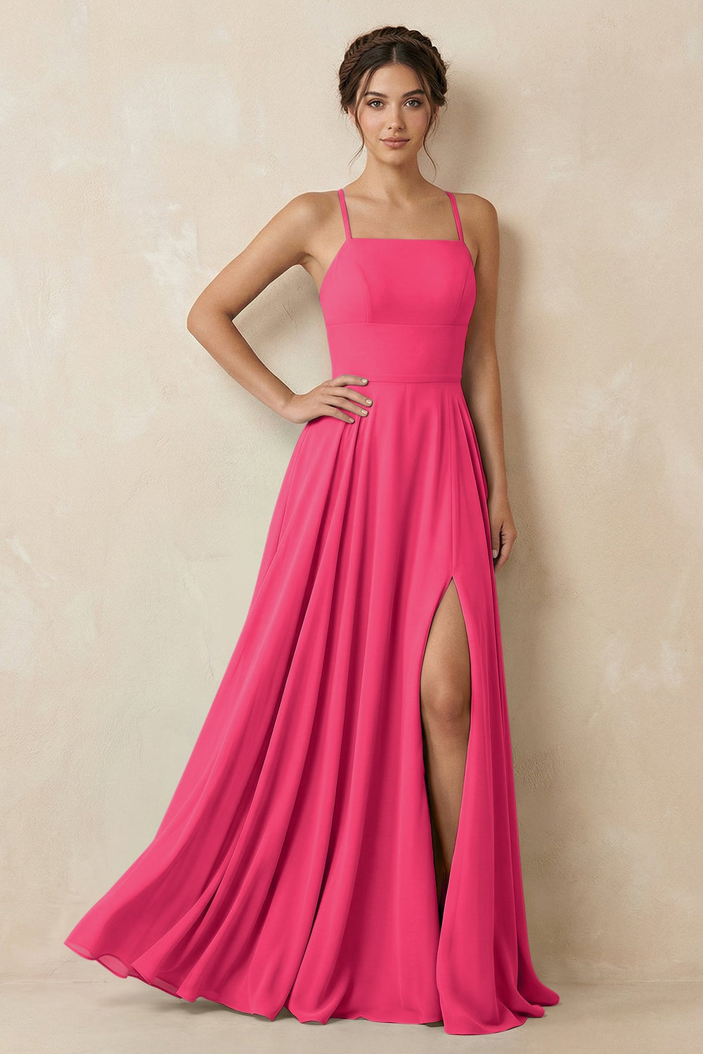 A-Line Chiffon Bridesmaid Dress With Slit in Fuchsia