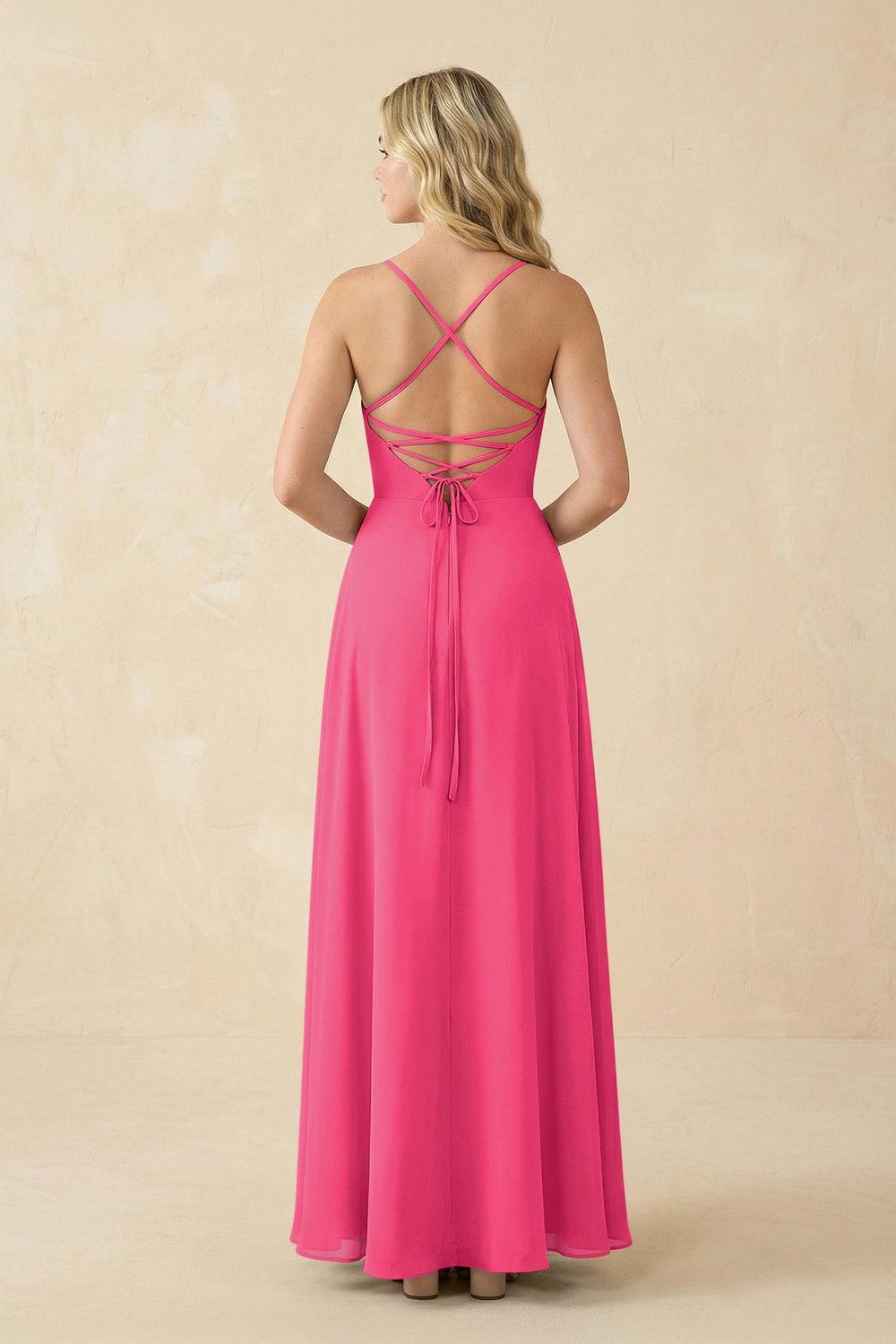 A-Line Chiffon Spaghetti Strap Bridesmaid Dress in Fuchsia