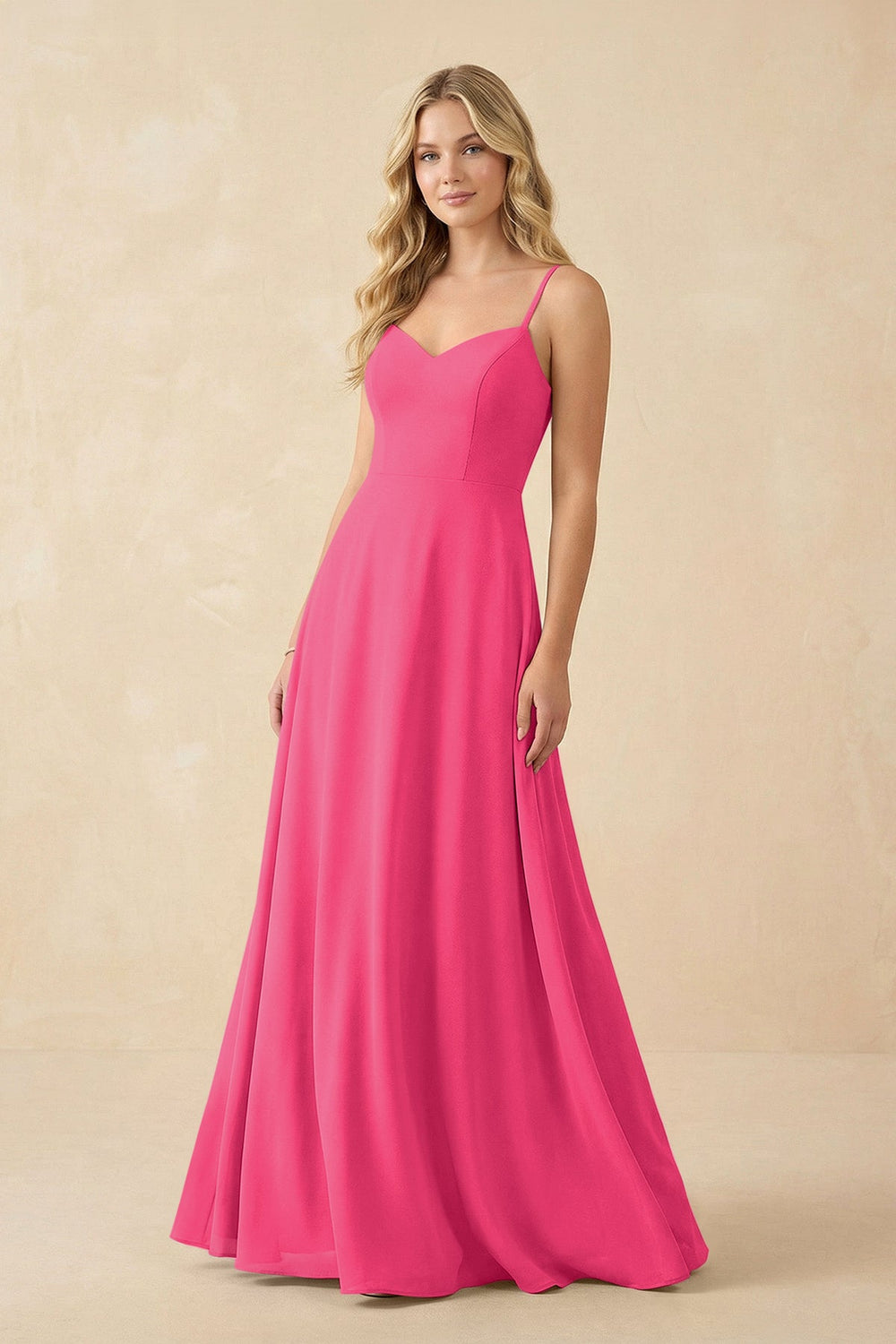 A-Line Chiffon Spaghetti Strap Bridesmaid Dress in Fuchsia