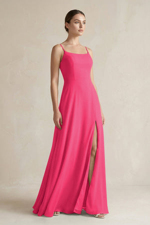 Fuchsia A-Line Chiffon Spaghetti Strap Bridesmaid Dress | KISSBRIDAL