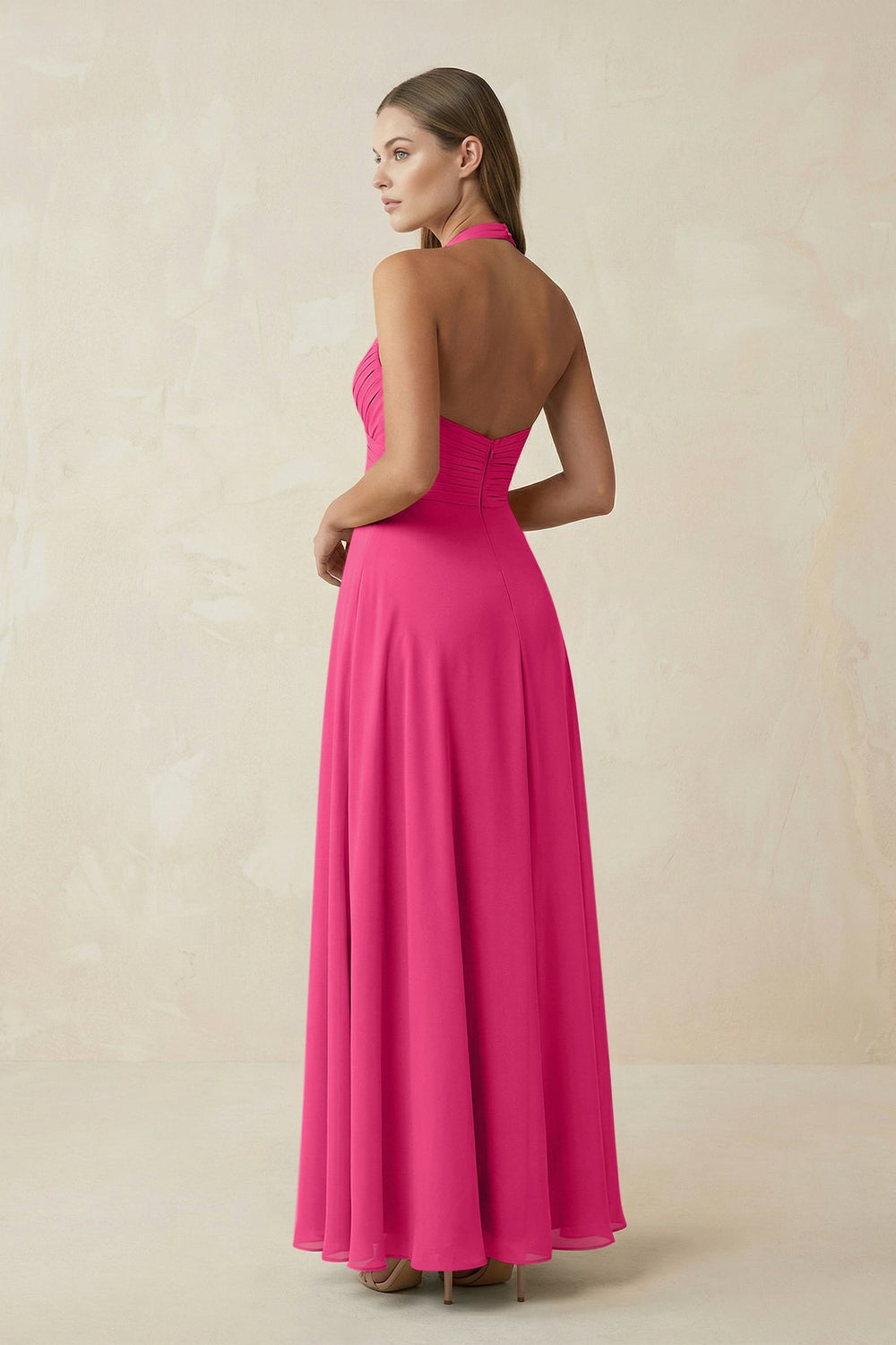 A-Line Pleated Chiffon V-Neck Bridesmaid Dress in Fuchsia