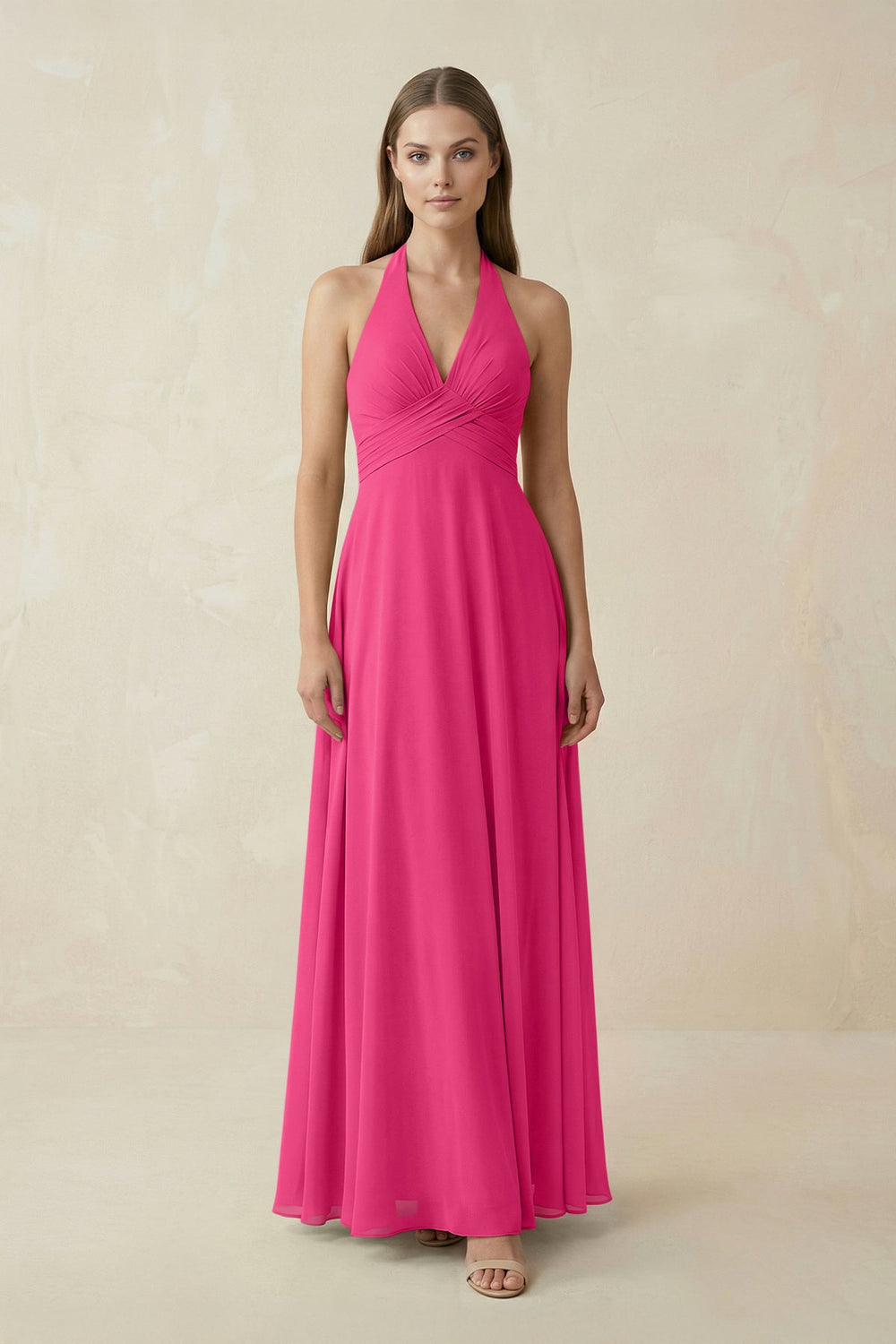 A-Line Pleated Chiffon V-Neck Bridesmaid Dress in Fuchsia