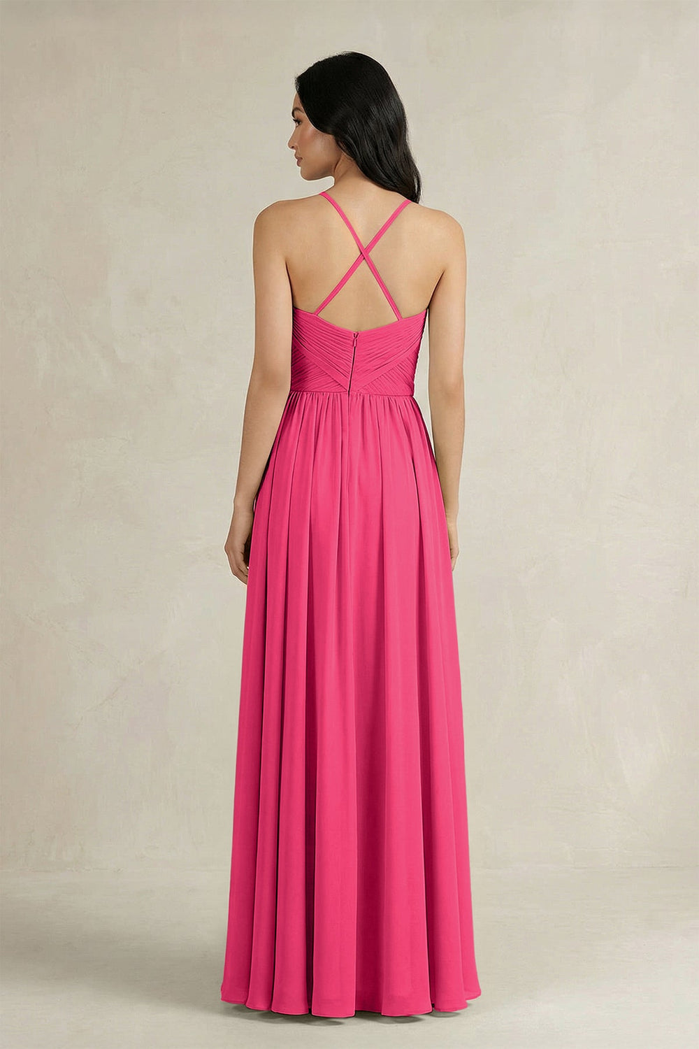 A-Line Pleated Spaghetti Strap Chiffon Bridesmaid Dress in Fuchsia